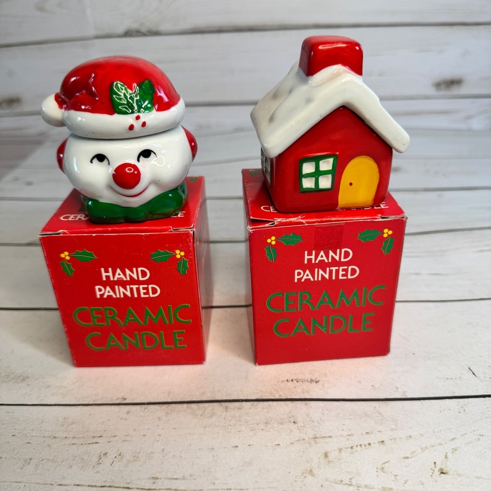 Hand Painted Ceramic Christmas Candle Red Stocking Hat Red Candle